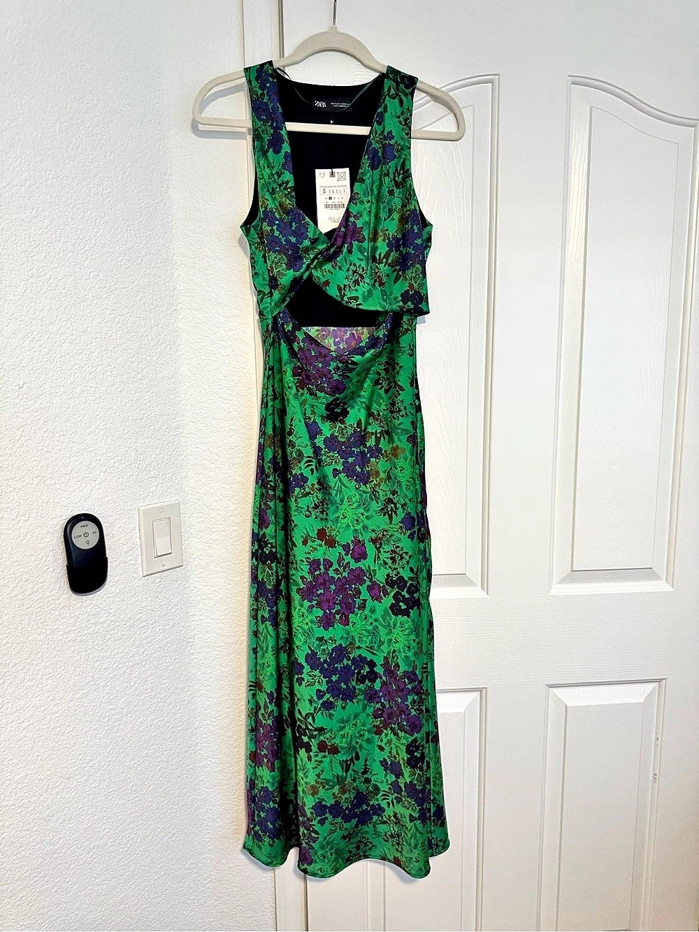 Zara Floral Satin Cutout Maxi Dress Green & Purple Small